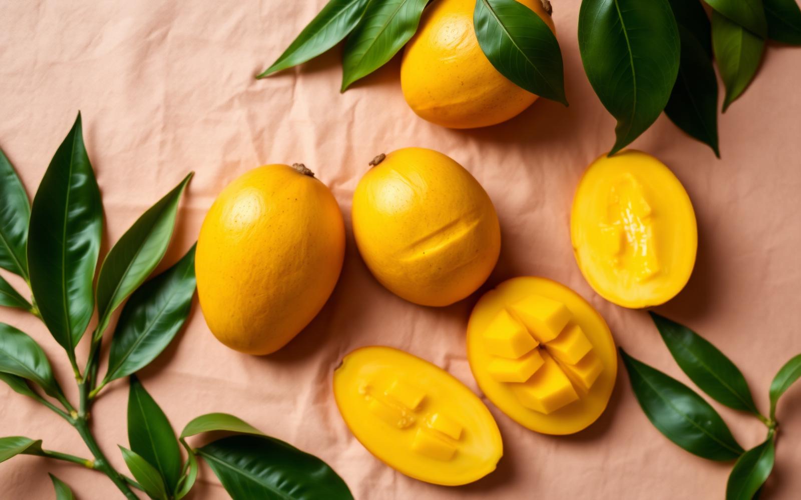 Fresh Alphonso mangoes on cream linen